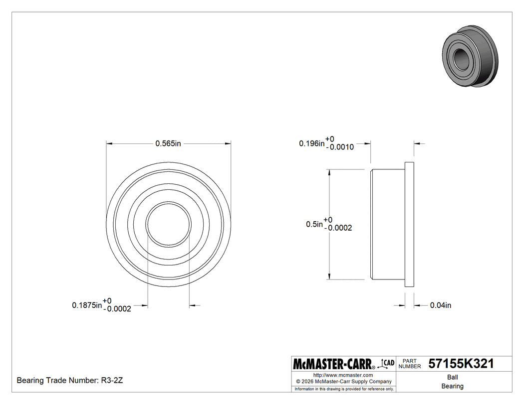 Technical Drawing of Ball Bearing, Flanged, Shielded, Trade Number R3-2Z, Standard Inner Ring.